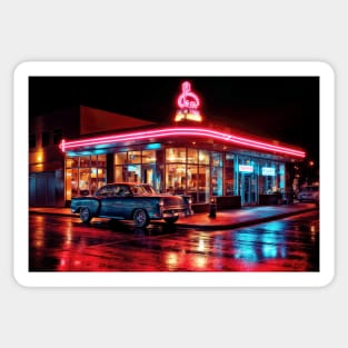 A City Diner Lit Up With Neon and Wet Streets - Landscape Sticker